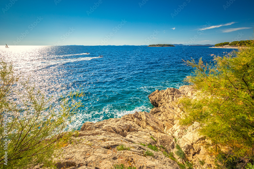 Adriatic coast in Primosten town, a popular tourist destination on the Dalmatian coast of Adriatic sea in Croatia, Europe.