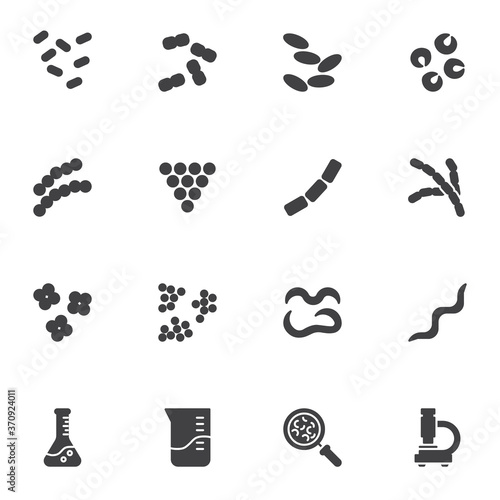 Laboratory bacteria cells vector icons set, modern solid symbol collection, filled style pictogram pack. Signs, logo illustration. Set includes icons as staphylococcus, lactococcus, pneumococcus