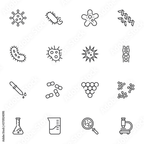 Bacteria line icons set, outline vector symbol collection, linear style pictogram pack. Signs, logo illustration. Set includes icons as coronavirus bacteria, lactococcus, virus research microscope