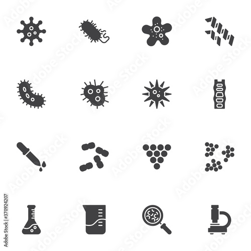 Bacteria vector icons set, modern solid symbol collection, filled style pictogram pack. Signs, logo illustration. Set includes icons as coronavirus bacteria, lactococcus, virus research microscope