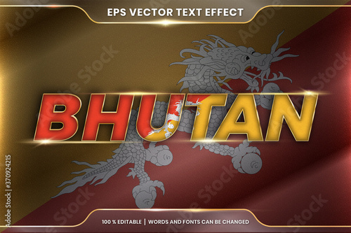 Bhutan with its national country flag, Editable text effect style with gradient gold color concept