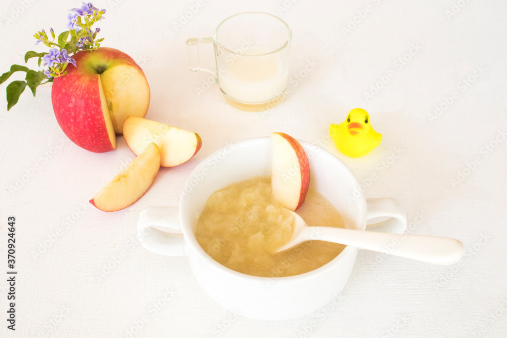 mix apple mashed with milk healthy foods health care for baby eats breakfast arrangement flat lay style on background white mix apple mashed with milk healthy foods health care for baby eats breakfast arrangement flat lay style on background white