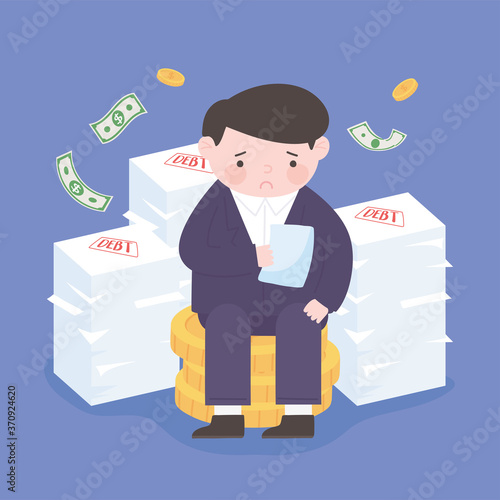 bankruptcy sad businessman with stack of papers debts falling money business financial crisis
