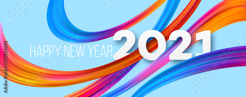 Colorful Brushstroke paint lettering calligraphy of 2021 Happy New Year background. Color flow background. Vector illustration
