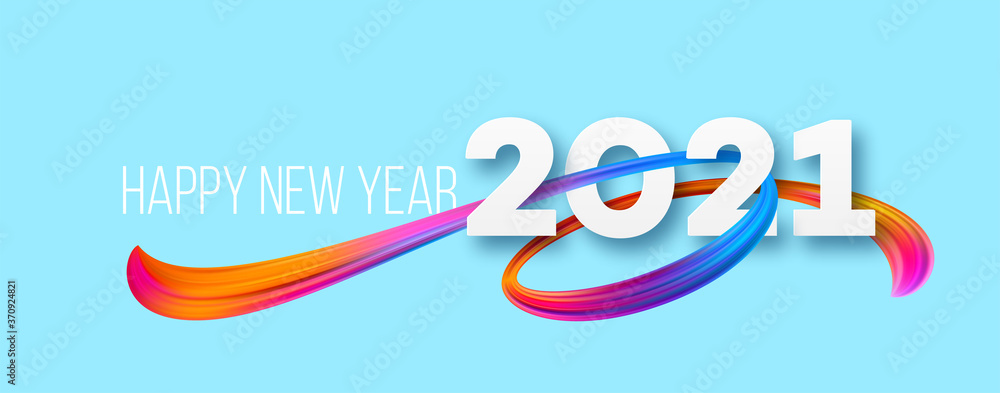 Colorful Brushstroke paint lettering calligraphy of 2021 Happy New Year background. Color flow background. Vector illustration