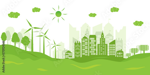 Green city concept and environment conservation. Renewable energy with a wind generators and solar panels.