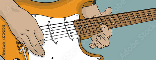 A musician plays an electric guitar with strings at a concert, close-up.