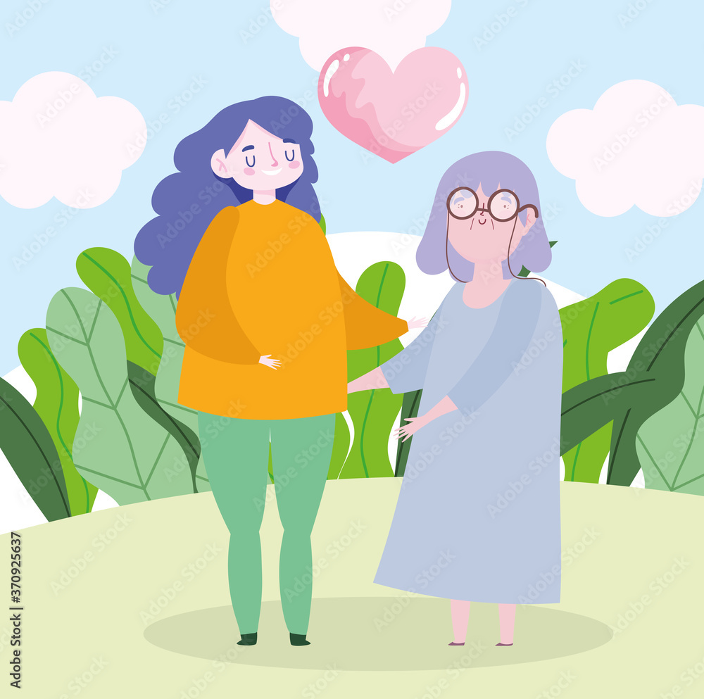 family grandma and granddaughter heart love together cartoon