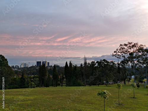 Canvas Print Beautiful sunset view of a park with various colored clouds, Heritage Park, Cast