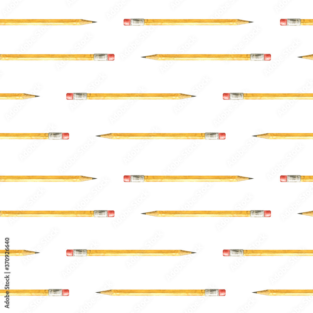 Seamless pattern of yellow pencils. School accessory on white in repeat. Backdrop with watercolor pencil with red rubber. Background for back to school, office design.