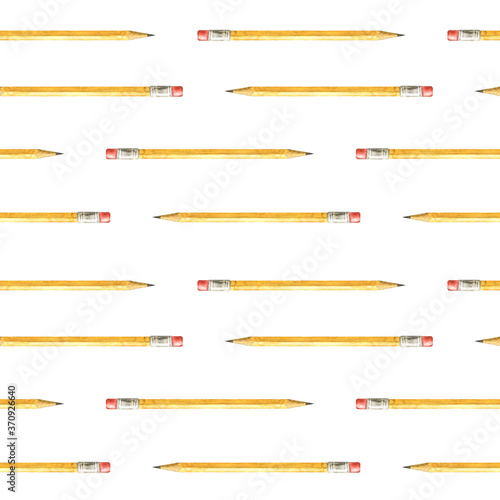 Seamless pattern of yellow pencils. School accessory on white in repeat. Backdrop with watercolor pencil with red rubber. Background for back to school, office design.