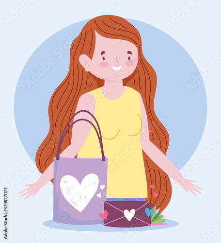 cute woman with gift bag and envelope heart love romantic cartoon