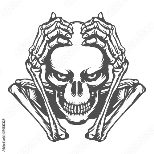 skull holding head illustration. black and white vector. for t-shirt or for tattoo