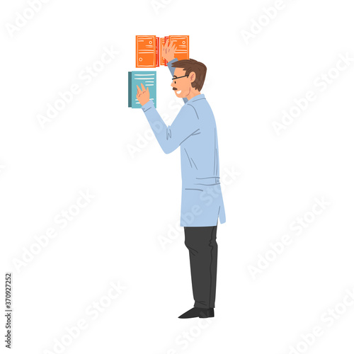 Scientist in Lab, Male Professor in White Coat Doing Scientific Researches in Laboratory Vector Illustration on White Background