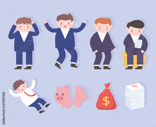 bankruptcy sad businessmen broken piggybank money business process financial crisis