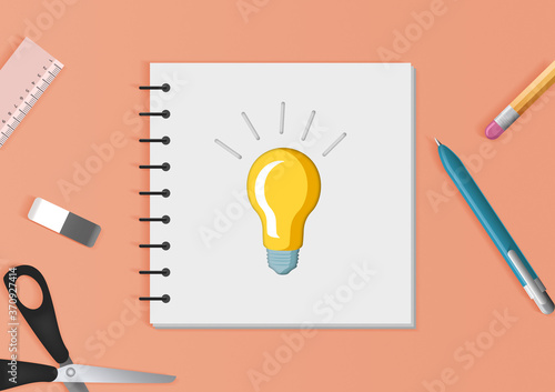 Creative illustration on a school theme. Notebook in composition with office supplies depicting a lamp as an idea. Back to school concept