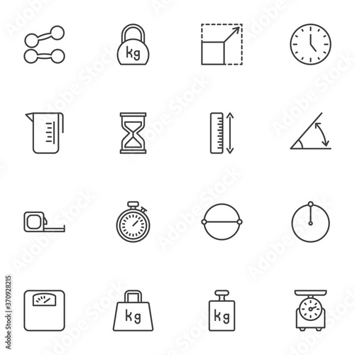 Weight and measurement line icons set, outline vector symbol collection, linear style pictogram pack. Signs, logo illustration. Set includes icons as clock time, ruler, measuring tape, kitchen scales