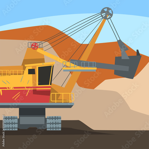 Dumping Truck Working at Mining Quarry, Metallurgical Industry Concept Vector Illustration