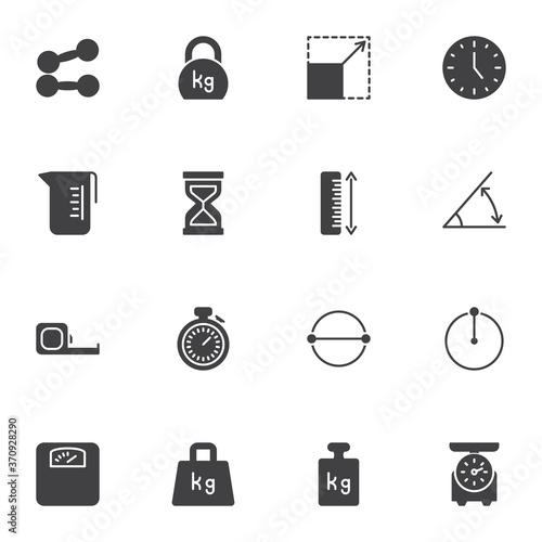 Weight and measurement vector icons set, modern solid symbol collection, filled style pictogram pack. Signs, logo illustration. Set includes icons as clock time, ruler, measuring tape, kitchen scales