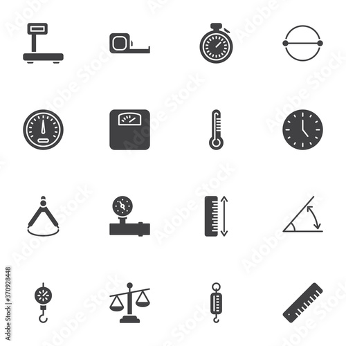Scale measurement vector icons set, modern solid symbol collection, filled style pictogram pack. Signs, logo illustration. Set includes icons as measuring tape, thermometer, pressure gauge, ruler