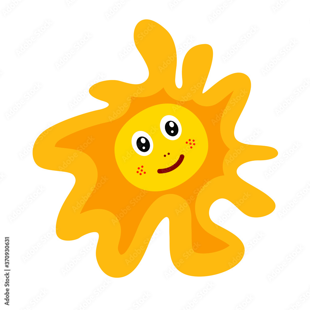 Vector drawing of a yellow cheerful sun on a white isolated background, flat style. The symbol of summer, spring, packaging design, gifts, holiday, postcard, decoration.