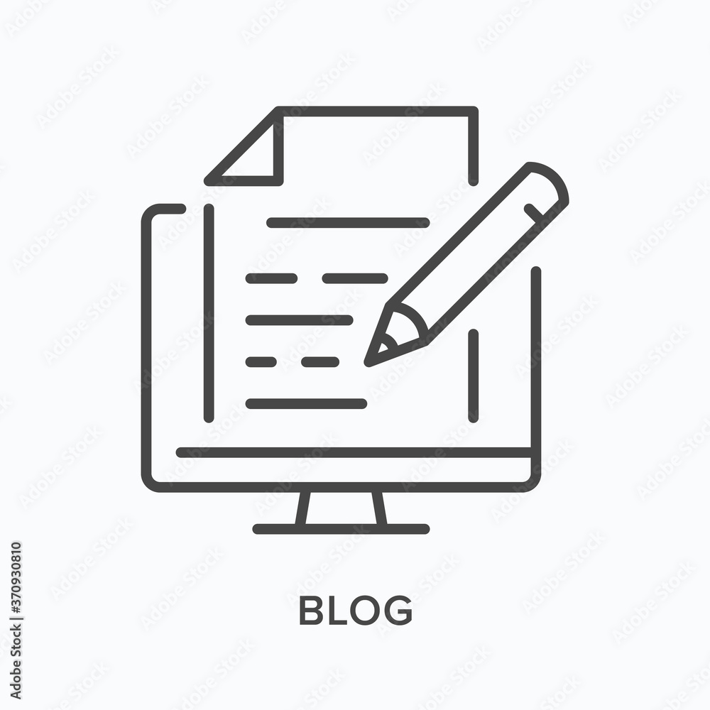 Blog content flat line icon. Vector outline illustration of computer with article and pencil. Copywriter thin linear pictogram Blog content flat line icon. Vector outline illustration of computer with article and pencil. Copywriter thin linear pictogram