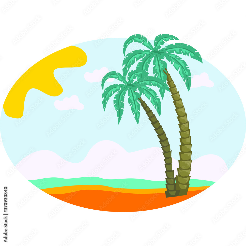Vector drawing of palm trees on the island flat style. Summer, sun, clouds, sea, sand, a piece of paradise.
