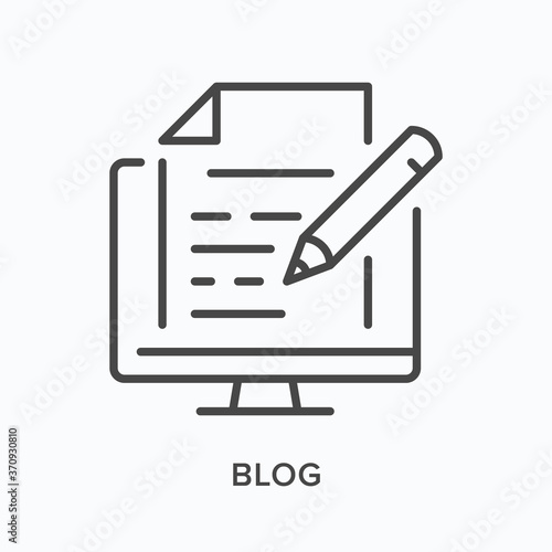 Blog content flat line icon. Vector outline illustration of computer with article and pencil. Copywriter thin linear pictogram
