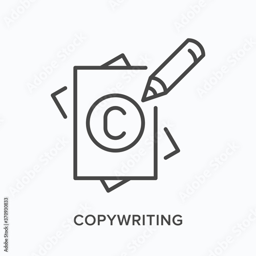 Copyright flat line icon. Vector outline illustration of paper, pencil and C sign. Copywriting thin linear pictogram