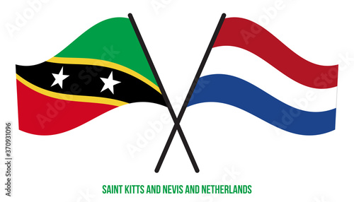 Saint Kitts & Nevis and Netherlands Flags Crossed And Waving Flat Style. Official Proportion.