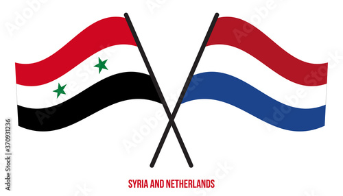 Syria and Netherlands Flags Crossed And Waving Flat Style. Official Proportion. Correct Colors.