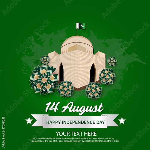 14th August  pakistan independence day with the tomb of national hero and national flag on the green grung background . vector illustration.  photo
