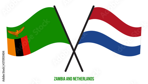 Zambia and Netherlands Flags Crossed And Waving Flat Style. Official Proportion. Correct Colors.