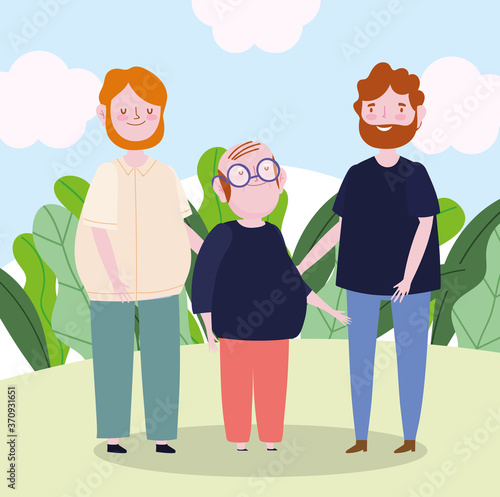 family male parents with grandpa together cartoon character