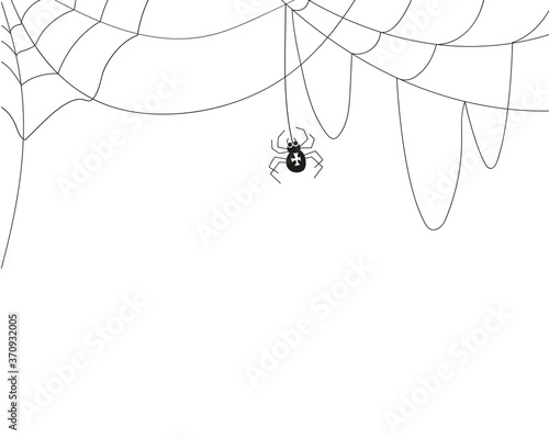 Vector illustration on the theme of Halloween. Black and white spider hanging on a spiderweb in cartoon style. suitable for creating site presentations and banners