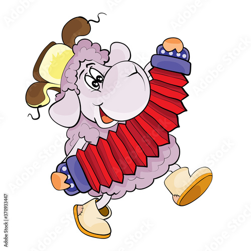 sheep in a hat with earflaps playing the accordion, holiday, cartoon illustration, isolated object on white background, vector illustration,