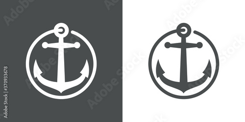Logotipo estilo nautical. Icono plano ancla en círculo lineal como cuerda en fondo gris y blanco
