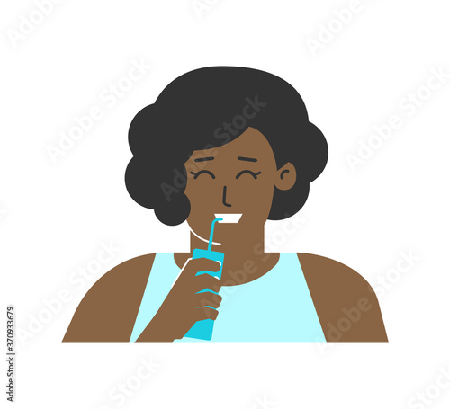 Vector isolated flat concept. Dental daily lifestyle. Cute african american young woman is cleaning teeth by cordless oral water pick (flosser). Hygiene to prevent caries, remove tartar and plaque