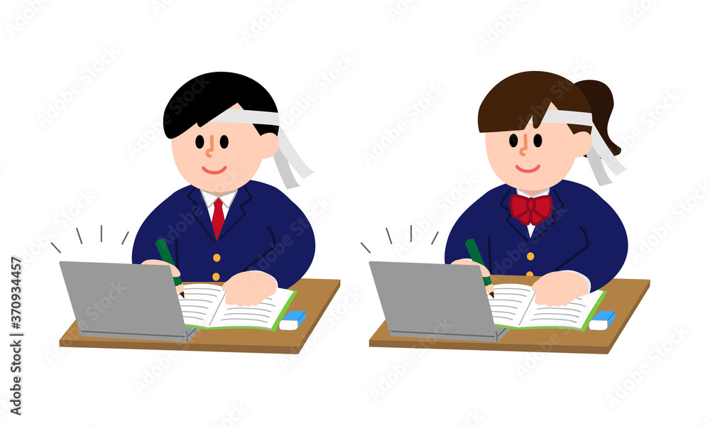 オンライン授業を受けるハチマキブレザー姿の学生