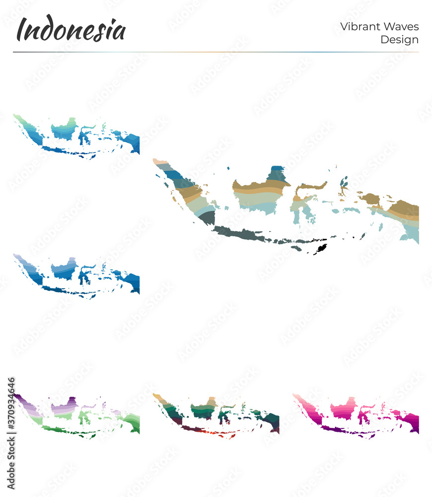 Set of vector maps of Indonesia. Vibrant waves design. Bright map of the country in geometric smooth curves style. Multicolored Indonesia map for your design. Cool vector illustration. Set of vector maps of Indonesia. Vibrant waves design. Bright map of the country in geometric smooth curves style. Multicolored Indonesia map for your design. Cool vector illustration.