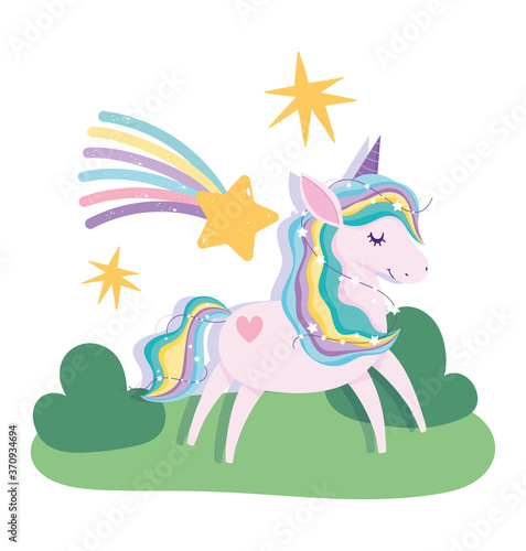 cute unicorn magic fantasy cartoon shooting stars rainbow landscape