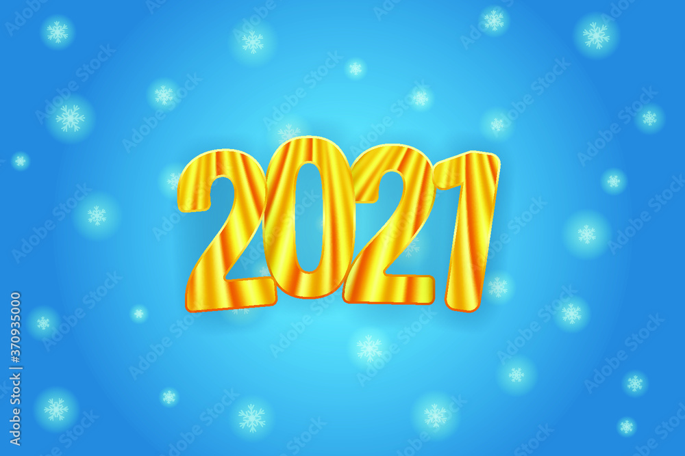 Happy New Year 2021. Golden numbers 2021 on the flying snowflakes background. Vector EPS10