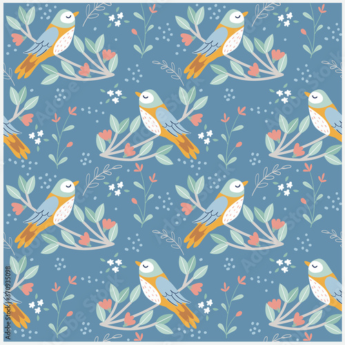 bird and variety flower with leaf pattern on blue background