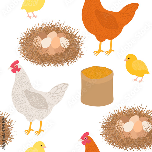 Seamless pattern chicken rooster chickens feed nest eggs grass vector illustration