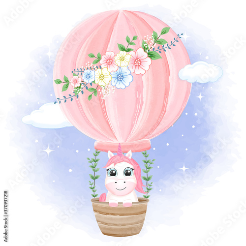 Baby Unicorn on hot air balloon hand drawn cartoon animal illustration