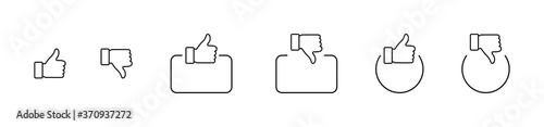 Like. Thumb up and down in linear design. Thumb up and thumb down with square and circle. Like vector icons. Line icons, isolated. Vector illustration
