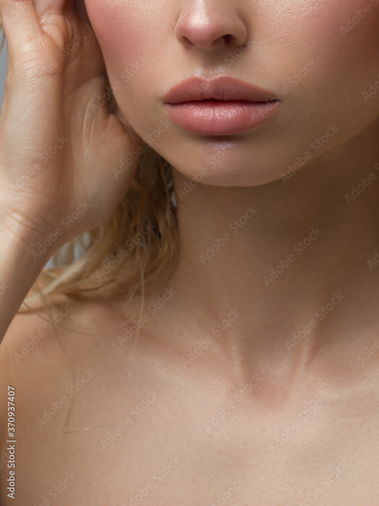Lips Skin Care. Beautiful Woman With Beauty Face Applying Lip Balsam, Lipbalm On Full Sexy Lips. Portrait Of Smiling Female Model With Soft Skin And Natural Nude Makeup Touching Lips. High Resolution Lips Skin Care. Beautiful Woman With Beauty Face Applying Lip Balsam, Lipbalm On Full Sexy Lips. Portrait Of Smiling Female Model With Soft Skin And Natural Nude Makeup Touching Lips. High Resolution