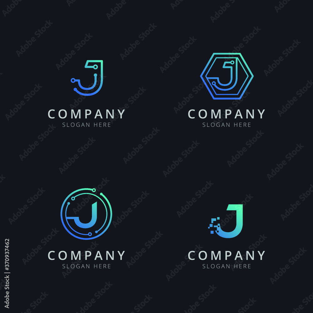 Initial J logo with technology elements in blue color Initial J logo with technology elements in blue color