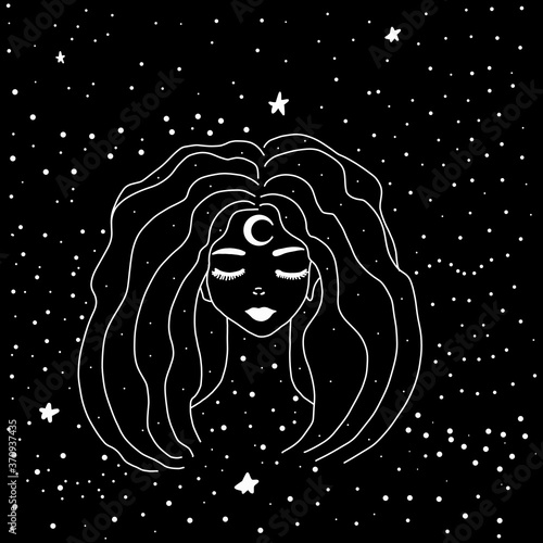 Mystical drawing occultism-a beautiful girl with stars in her hair. Female portrait or night goddess. Fantasy, spirituality, occultism, tattoo and fashion print. Isolated vector illustrations. Alchemy