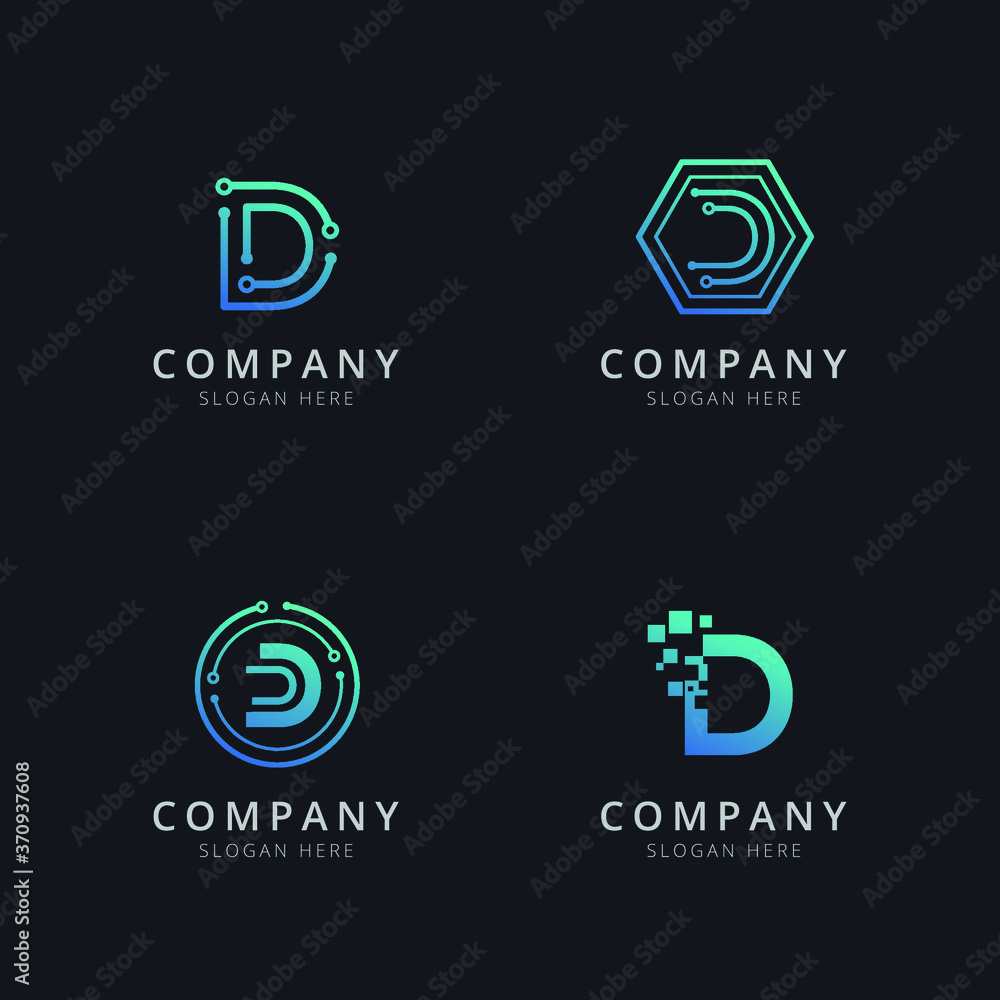 Initial D logo with technology elements in blue color Initial D logo with technology elements in blue color
